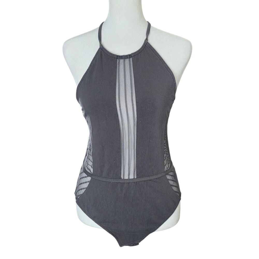 Max Studio Sleepwear Bodysuit L Dark Gray Mesh Sheer Panel One Piece Lounge